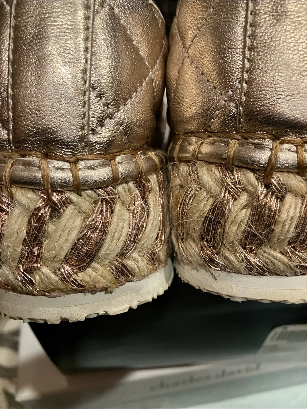 Quilted Metallic Espadrille Slip-Ons in Rose Gold
